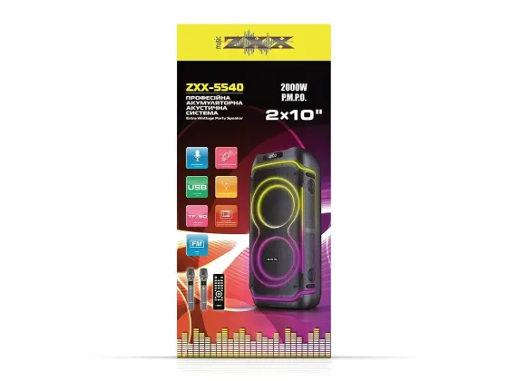 Акустична переносна колонка ZXX-5540 100Вт 2x10" TWS/FM/USB/TF/BT/REC/LED/2MIC/ДК Київ