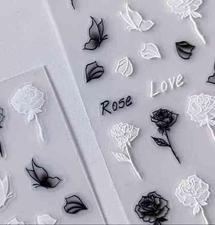 Слайдер для ногтей розы чёрно-белые 7.2×9.2 см — наклейки nail art Rose Love Charm, 1 лист Киев