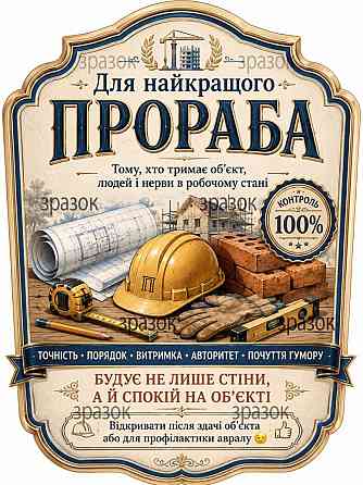 Комплект етикеток на пляшку «Для найкращого прораба» — подарунок виконробу та будівельнику з гумором Одеса
