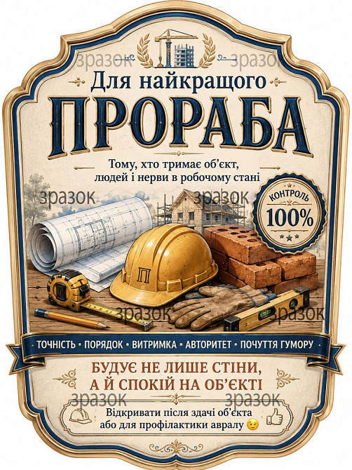 Комплект етикеток на пляшку «Для найкращого прораба» — подарунок виконробу та будівельнику з гумором Одеса - фото 1