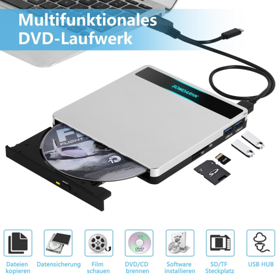 Зовнішній DVD-RW привід COMDARHC 5 в 1 USB 3.0/Type-C, CD/DVD рекордер, кардридер SD/TF, 2 USB-порти, алюмінієвий корпус, сумка Київ