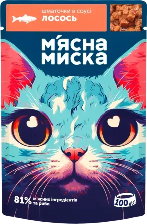 Влажный корм для взрослых кошек Мясная миска кусочки в соусе с лососем, 100 г Винница