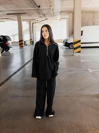 Женский повседневный оверсайз костюм двойка: кофта и штаны трикотаж пума рубчик Черный Одесса