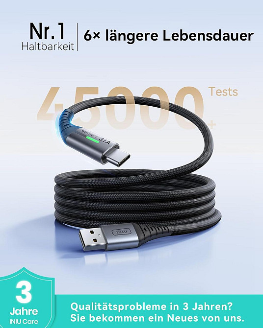 Кабель INIU USB-A→USB-C 3 шт (2м+2м+0,5м) чорний нейлоновий плетений 3.1A PD 480Mbps LED швидка зарядка Київ - фото 8