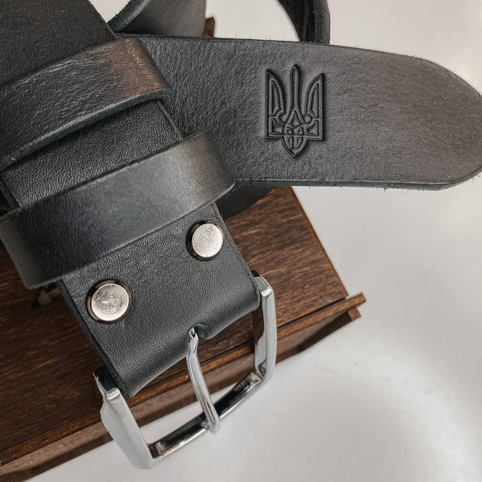 Мужской кожаный ремень для джинсов, кожаный пояс из натуральной кожи с тиснением Герб, черныйMasterSem Киев - изображение 3