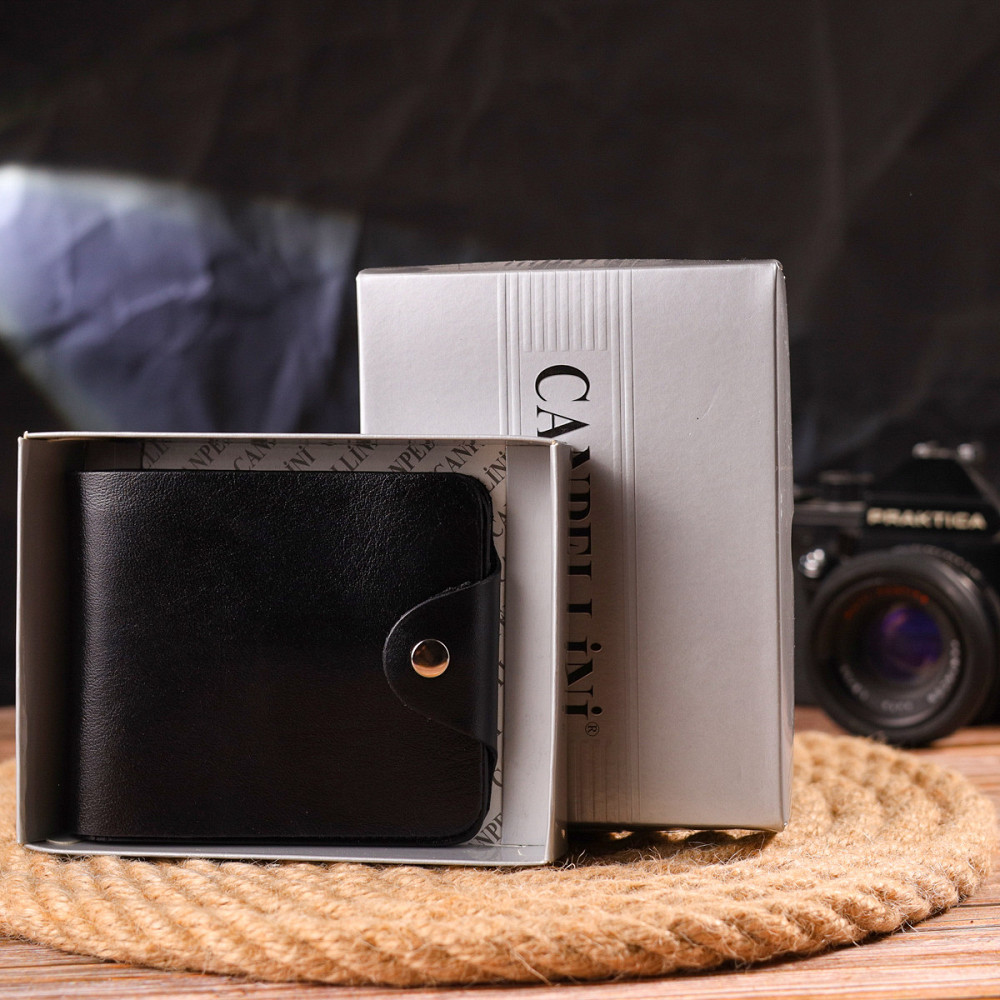 Вместительное мужское портмоне в два сложения из натуральной гладкой кожи Черное (CANPELLINI) Киев - изображение 4