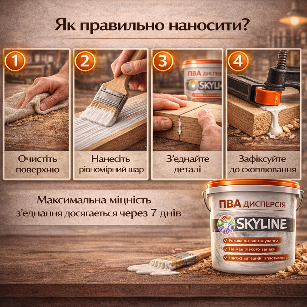 Клеєва дисперсія ПВА пластифікована SkyLine 3 кг універсальна, готова до застосування для дерева та будівельних сумішей Харків - фото 6