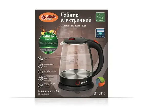 Чайник електричний скляний 2.0л 2400Вт BITEK BT-3113 термостійке скло, поворот на 360, підсвічування Одеса
