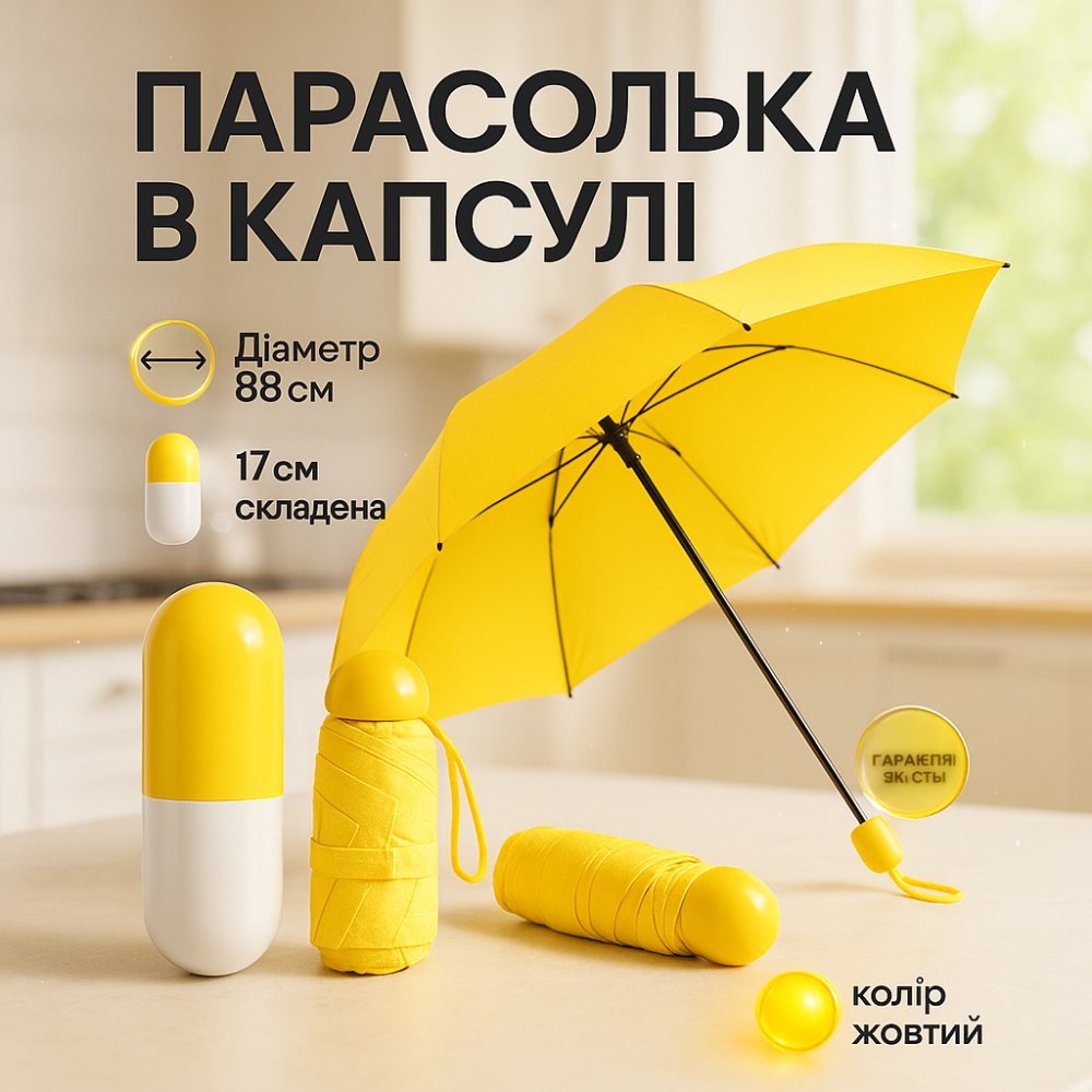 Компактный зонтик в капсуле-футляре Желтый, маленький зонт в капсуле. Цвет: желтый OF-47 Львов - изображение 20