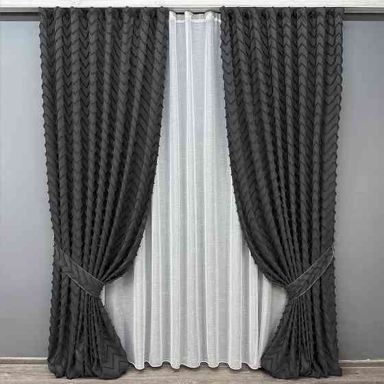 Комплект штор VR-Textil Льон Букле 150х270 2шт і Тюль 600х270 1810ш-115т Графітовий з білим 71-038/5 Київ