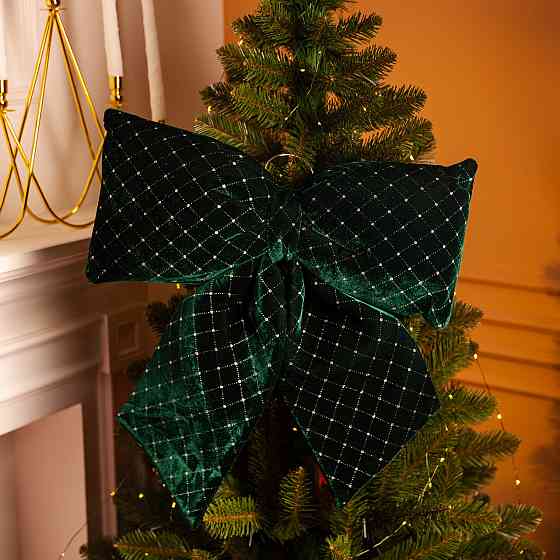 Оксамитовий бант для декору зі стразами та візерунком на ялинку 45×50 (см) Зелений CR-2-18 Коломыя