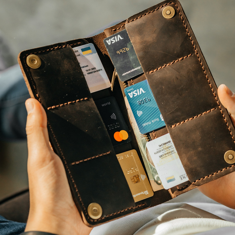 Клатч чоловічий шкіряний Лонгер Коричневий стильний на кнопках 20х10 см з відділеннями для купюр, карт та монетMasterSem Київ - фото 6