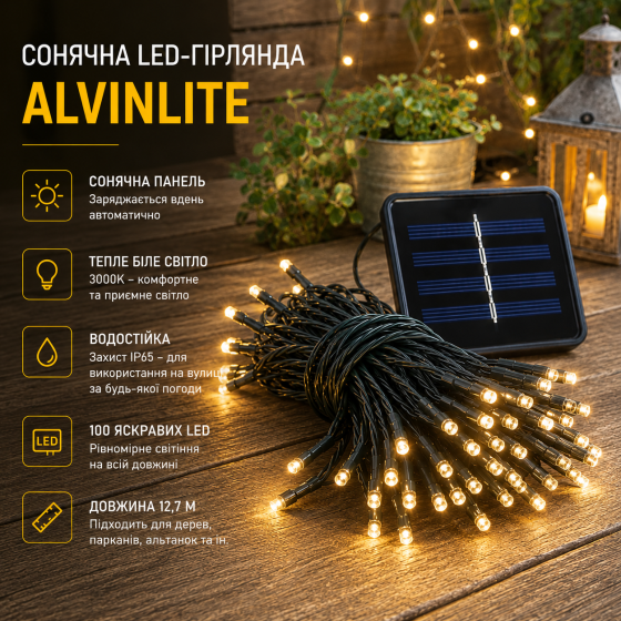 Солнечная LED-гирлянда Alvinlite 12,7 м 100 LED, 3000K теплый белый свет, для сада и террасы Киев