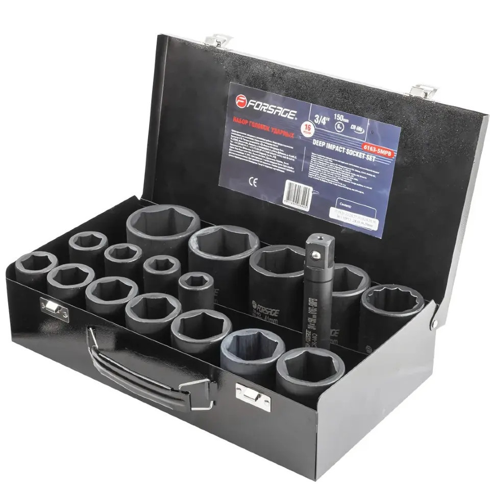 Набір головок ударних глибоких 16 пр. 3/4" (6 гр, 12 г) (17-50 мм) Forsage F-6163-5MPB Одеса - фото 1