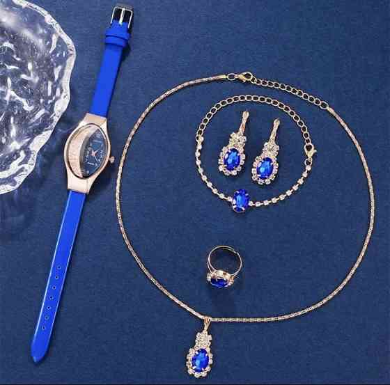 Подарочный набор для женщин: наручные часы, браслет, кольцо, ожерелье и серьги - без подарочной коробки синий Киев