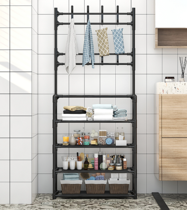 Полочка с вешаком для прихожей 25х60х150, Органайзер для обуви и одежды с 6 полками, Черного цвета Каменец-Подольский - изображение 6