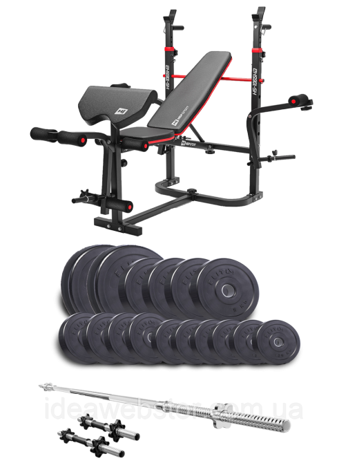 Набор для тренировок Elitum Titan 68 кг с лавкой HS 1065HB Pro штангой и гантелями Киев - изображение 12