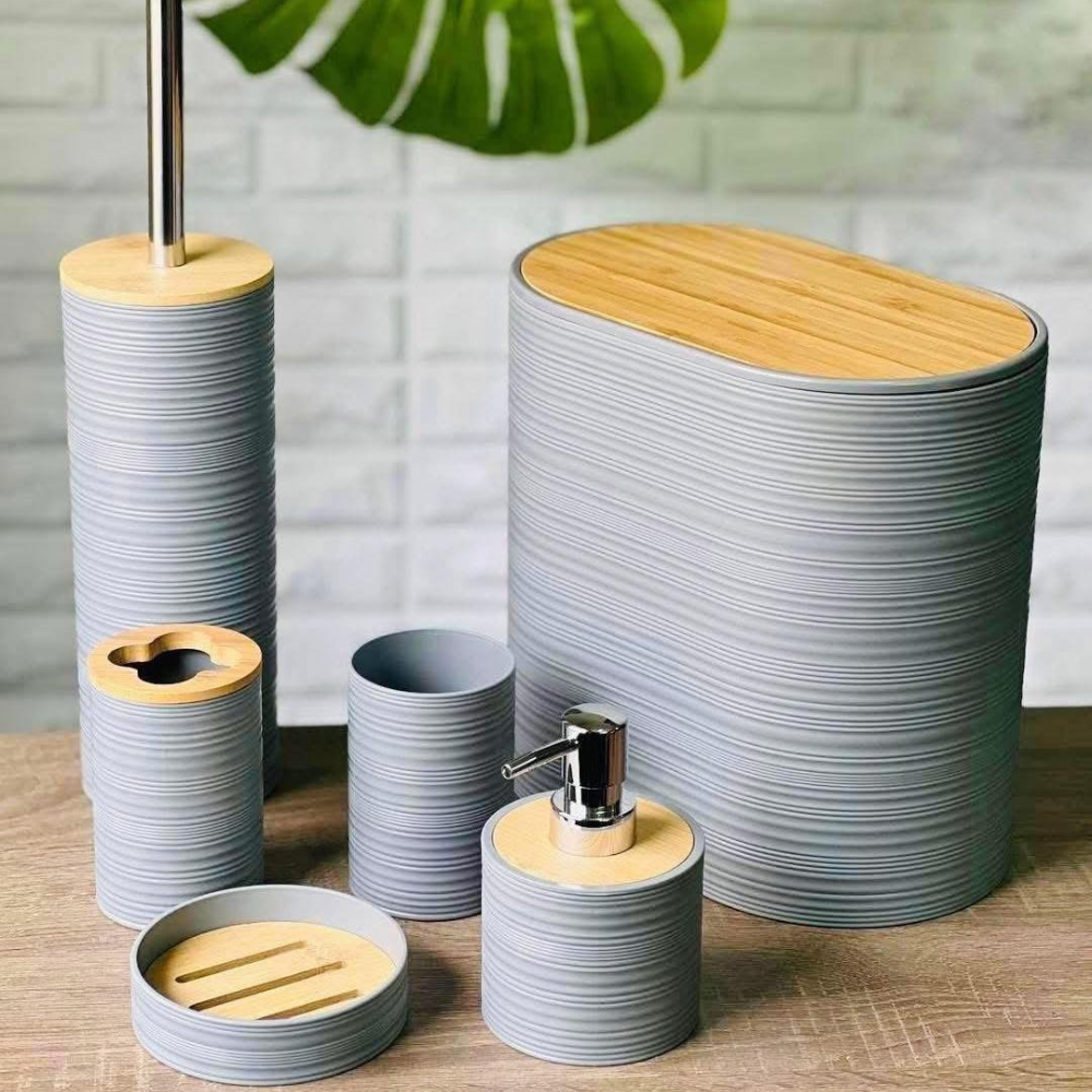 Набор аксессуаров 6в1 для ванной комнаты и душа, урна,дозатор для мыла, мыльница, стаканы,ёршик серый Каменец-Подольский - изображение 1