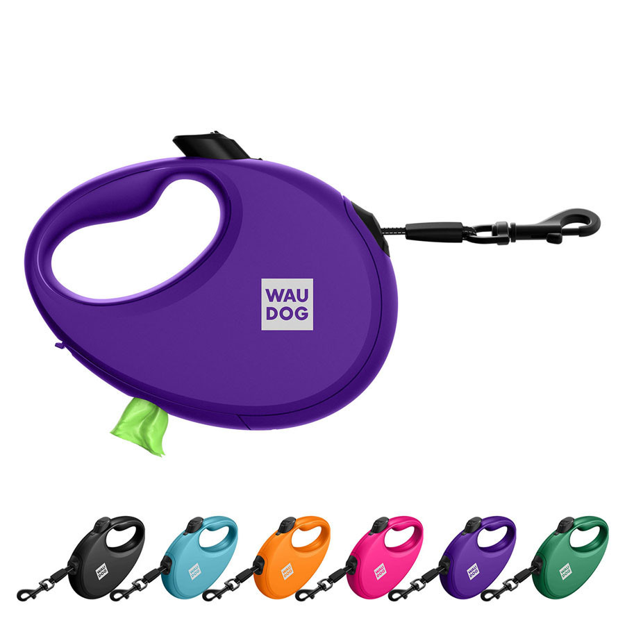 Поводок-рулетка для собак WAUDOG R-leash с контейнером для пакетов, светоотражающая лента, S, до 12 кг, 3 м, фиолетовый Киев - изображение 1