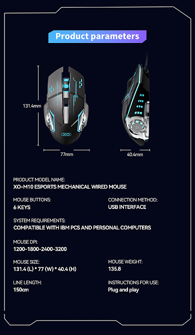 Миша XO M10 Gaming Mechanical 6-Button Light Emitting Black+Silver (7106507) Київ - фото 7