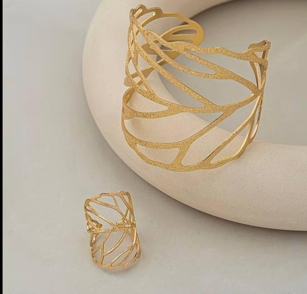 Браслет и кольцо в форме листьев золотистый набор женский открытый браслет манжета Киев - изображение 3