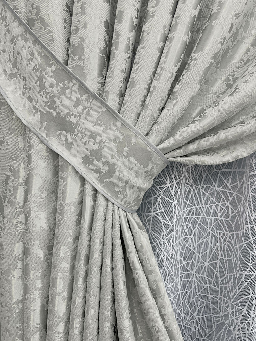 Комплект штор VR-Textil Льон Мармур 100х270 2шт і Тюль 300х270 1263ш-1672т Світло-сірий з білим 71-167/1 Київ - фото 4