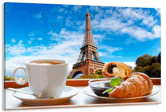 Картина полотно у вітальню / спальню  Кава з круасанами в Парижі    MLP_382 ( 60х30см ) 90х180см Київ