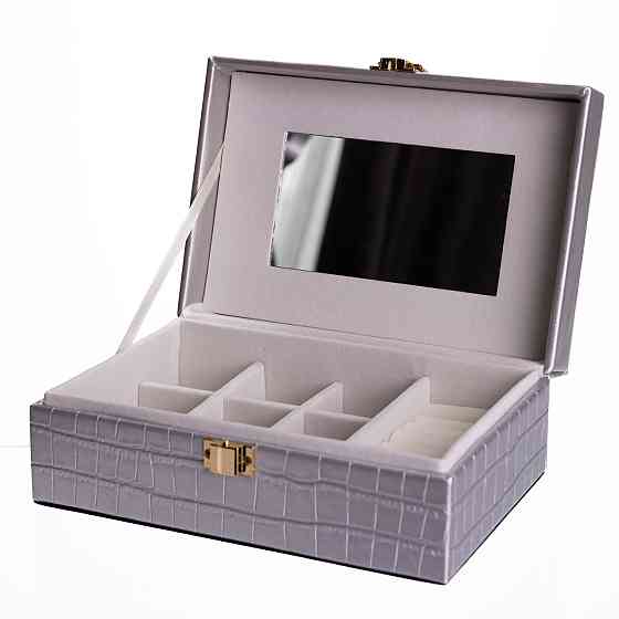 Скринька для прикрас з еко шкіри 10 відділень з дзеркалом 20×14×8 см Сірий HP-5-19G Київ