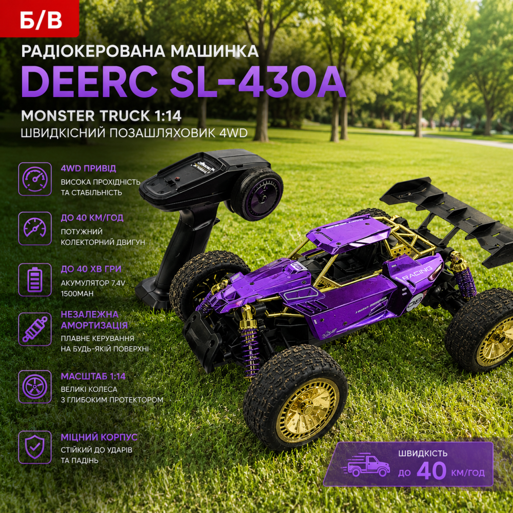 Б/В Радіокерована машинка DEERC SL-430A Monster Truck 1:14, швидкісний позашляховик 4WD, фіолетова, 40 хв гри Київ - фото 10