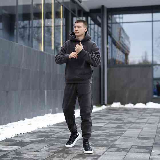 Чоловічий теплий флісовий спортивний костюм осінь зима Pobedov штани кофта з капюшоном і манжетами темно-сірий XL Одеса