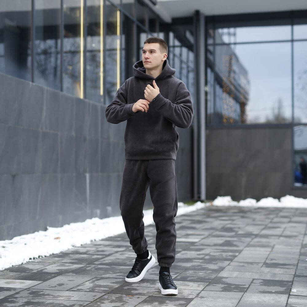 Чоловічий теплий флісовий спортивний костюм осінь зима Pobedov штани кофта з капюшоном і манжетами темно-сірий XL Одеса - фото 5