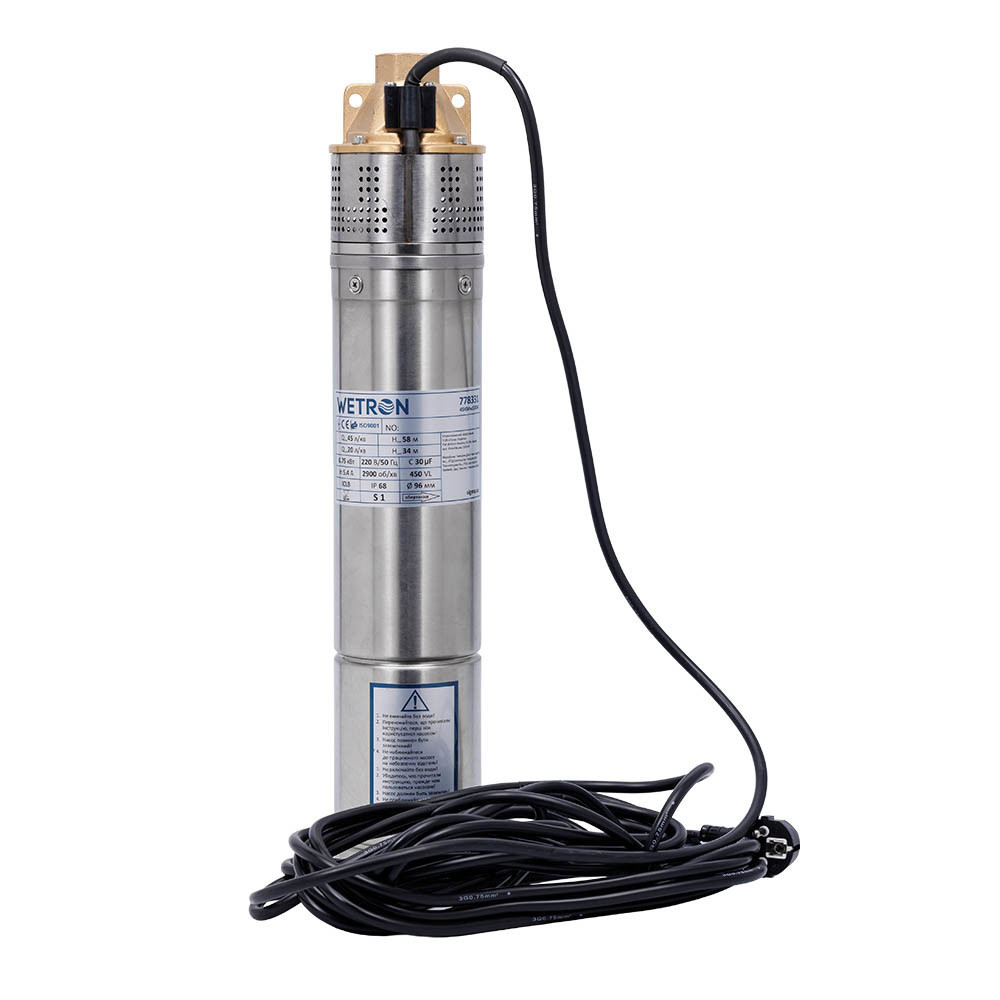 Насос вихревой 1.1кВт H 98(39)м Q 45(30)л/мин Ø96мм 10м кабеля WETRON 4SKmw150M (778332) Ровно - изображение 1