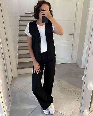 Жіночий легкий брючний костюм-трійка: жилет футболка та штани турецький натуральний льон + софт Чорний, 54/56 Одеса