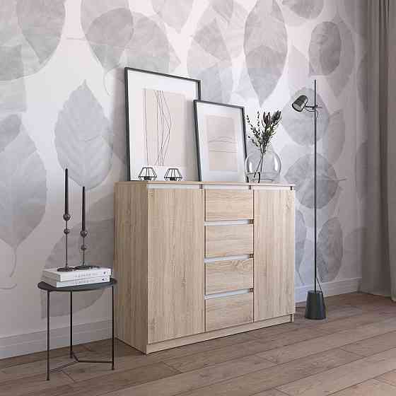 Комод VAYS R-11 Дуб Сонома-Білі планки, 4 шухляди та 2 відділення з полицями, без ручок, ЛДСП, 120×40×98 см - для спальні, вітальні, передпокою Львів