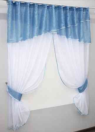 Кухонні штори VR-Textil № 091к з ламбрекеном і підв'язками блакитний з білим 270х170 см (52-0095) Київ