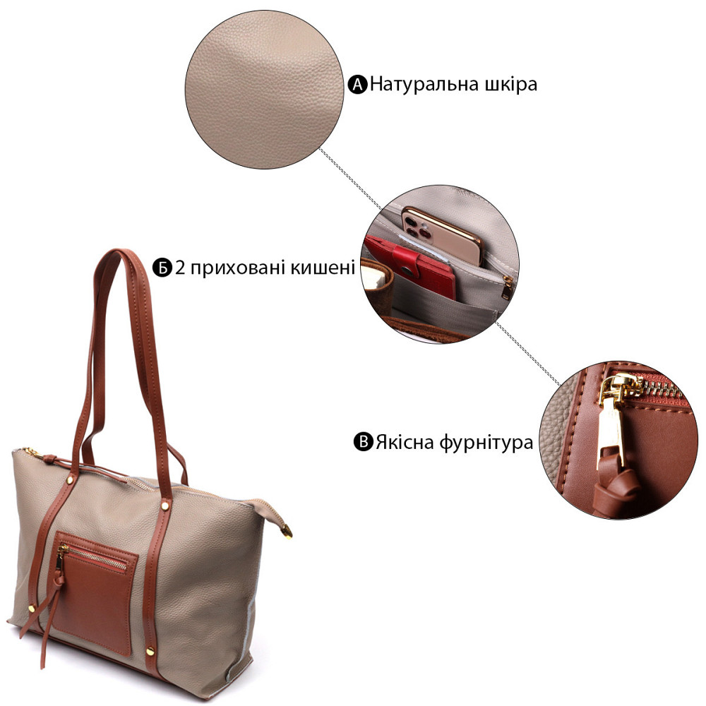 Оригінальна двокольорова сумка жіноча з натуральної шкіри Vintage 22304 Бежева Київ - фото 4