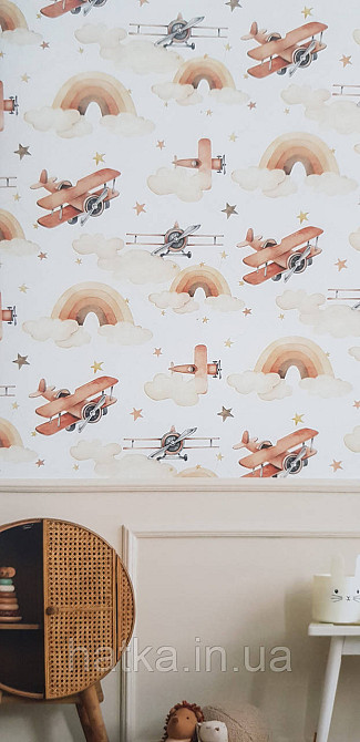 Шпалери флізелінові еко Rasch Kids World II 0.53х10 дитячі літаки хмари зірки коричневі на білому Київ - фото 2