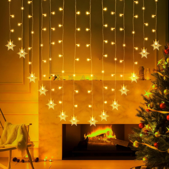 Гирлянда-штора Jsdoin Снежинки 2×1 м, 104 LED, теплый белый, 8 режимов, пульт, таймер, USB Киев