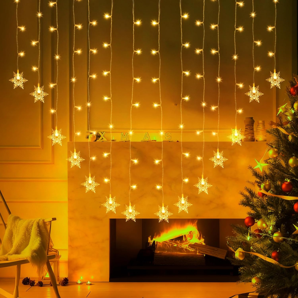 Гирлянда-штора Jsdoin Снежинки 2×1 м, 104 LED, теплый белый, 8 режимов, пульт, таймер, USB Киев - изображение 6