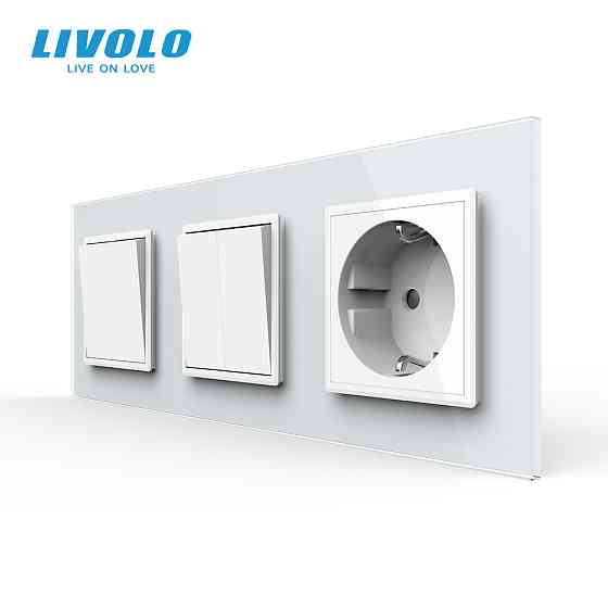 LIVOLO Трьохклавішний вимикач (1-2) з розеткою Livolo білий скло (VL-C7K1/K2/FCTC16A-6WP) Коломия