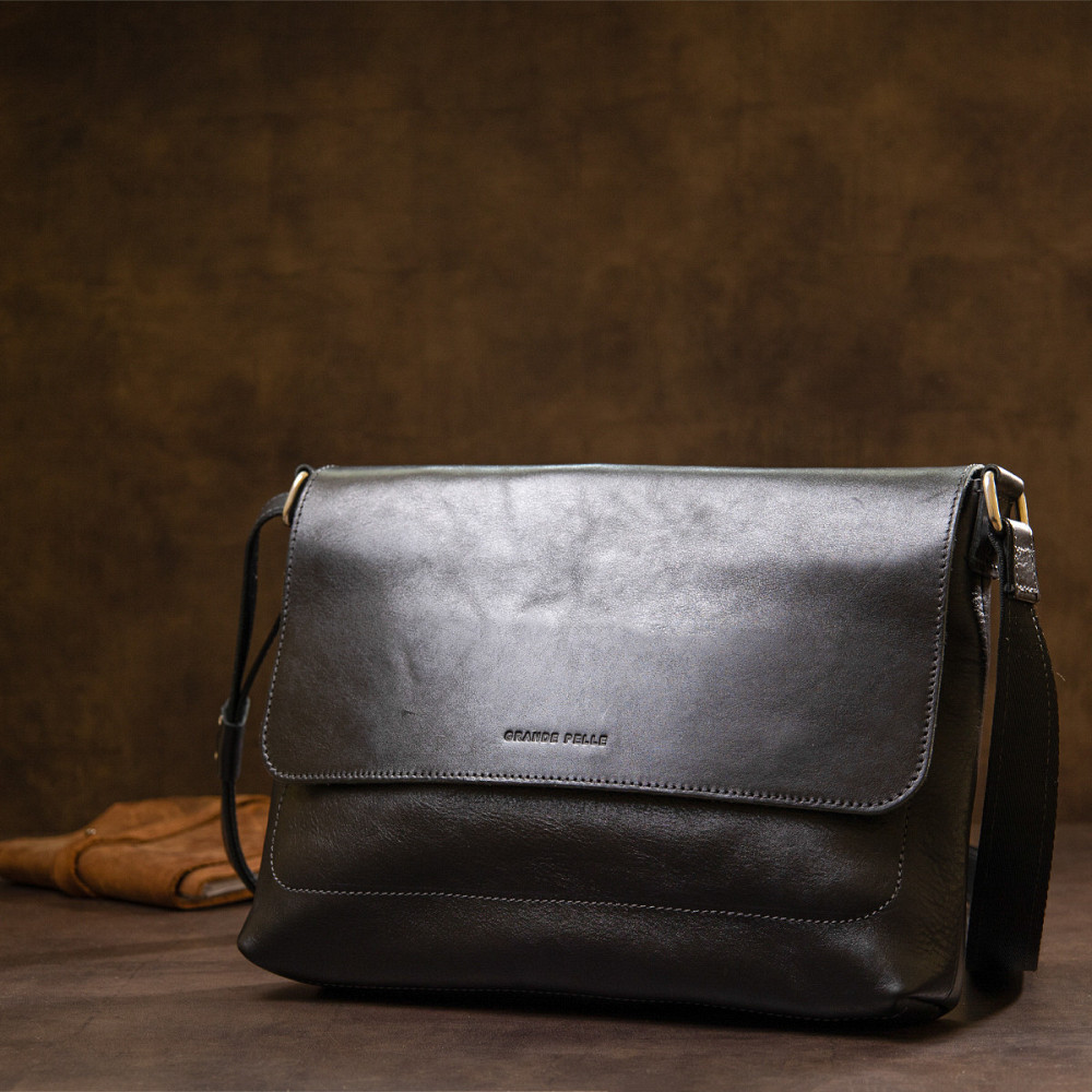 Шкіряна чоловіча прямокутна сумка GRANDE PELLE 11429 Чорний Київ - фото 3