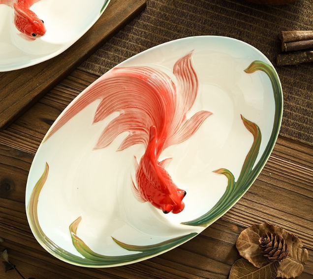 Менажница на 2 секции Золотая рыбка 30 см китайский лепной костяной фарфор Кременчуг - изображение 6