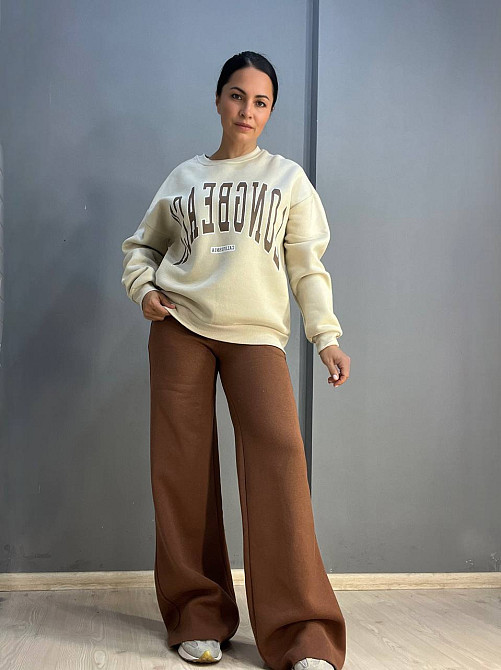 Штаны женские Quzen 388 брюки спортивные палаццо широкие свободные от бедра утепленные на флисе коричневые, коричневый, M Киев - изображение 18