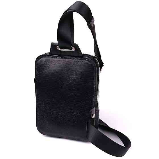 Чоловіча прямокутна сумка бананка із зернистої натуральної шкіри GRANDE PELLE 22879 Чорний Київ