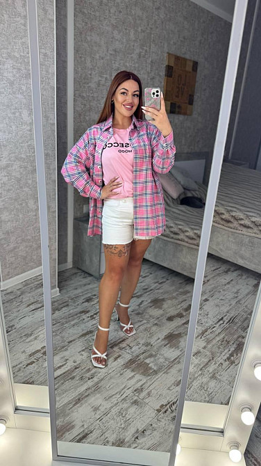 Женская оверсайз рубашка в клетку турецкая фланель Розовый, 50/56 Одесса - изображение 5