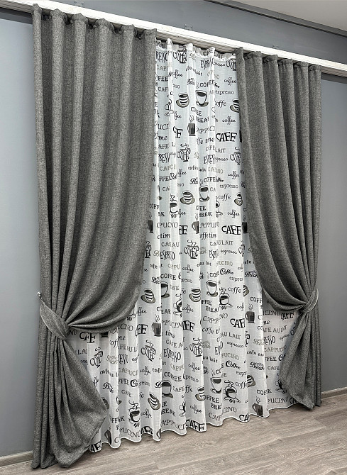 Комплект штор VR-Textil Льон Мішковина 150х270 2шт і Тюль 600х270 108ш-1791т Сірий з білим 71-061/5 Київ - фото 2