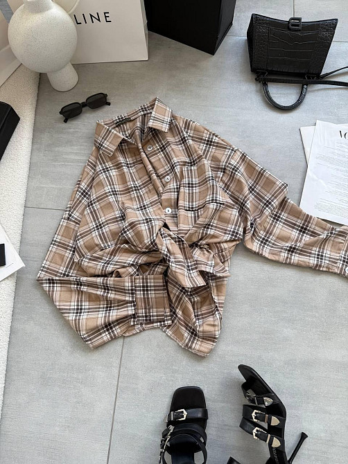 Женская стильная оверсайз рубашка в клетку фланель 100% коттон Беж Одесса - изображение 3