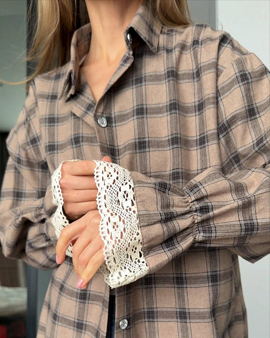 Жіноча стильна повсякденна картата сорочка фланель Бежевий Одеса - фото 1