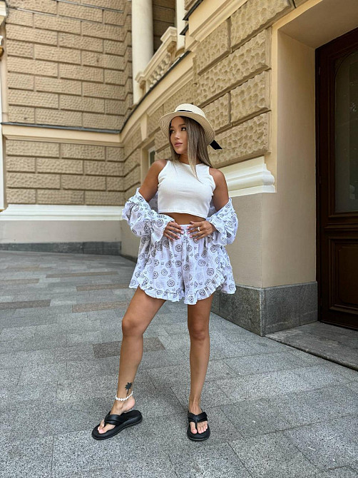 Жіночий принтований костюм двійка: сорочка і шорти з натурального мусліну Одеса - фото 3