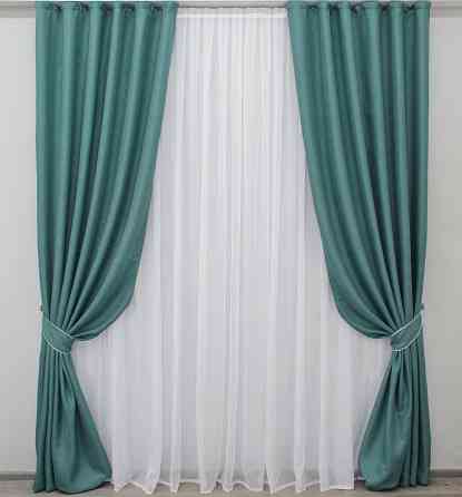 Комплект готовых штор VR-Textil Лен-блэкаут Лен Мешковина № 511ш Бирюзовый 150х270см 2 шт (30-295) Киев